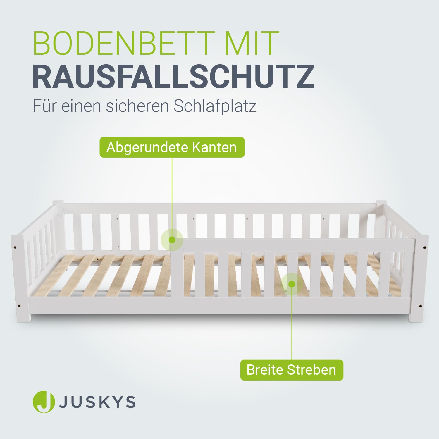Juskys Kinderbett Naya - 90x200 cm Bett mit Matratze, Rausfallschutz & Lattenrost - Holz Bodenbett für Kinder 3-10 Jahre - Bettgestell Weiß