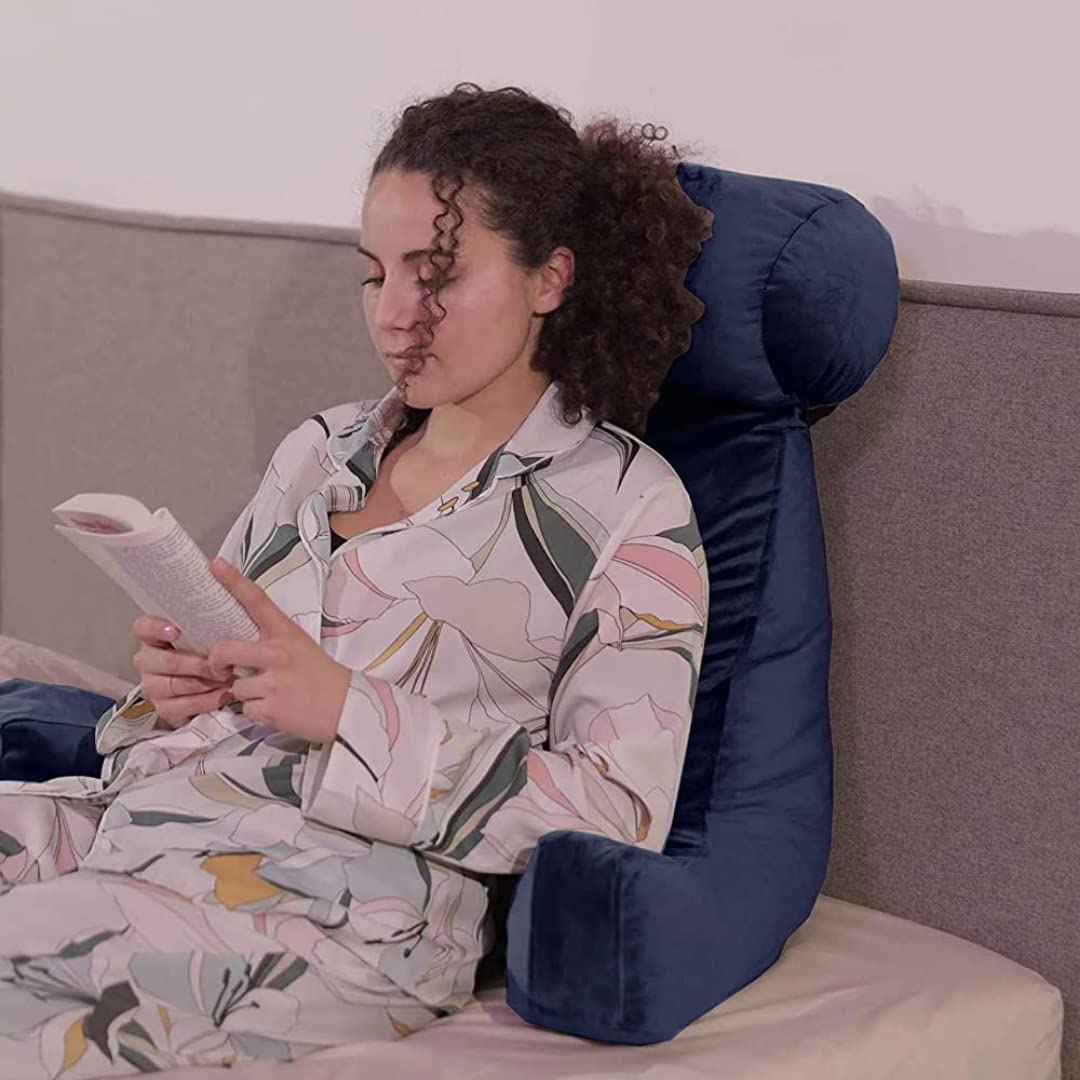 bananair - Cuscino da Lettura per Letto - Tessuto Morbido di Velluto - Imbottitura in Schiuma Molto Confortevole - Supporto Ottimale - Cuscino per Schienale Pratico e Facile da Trasportare (Blu)