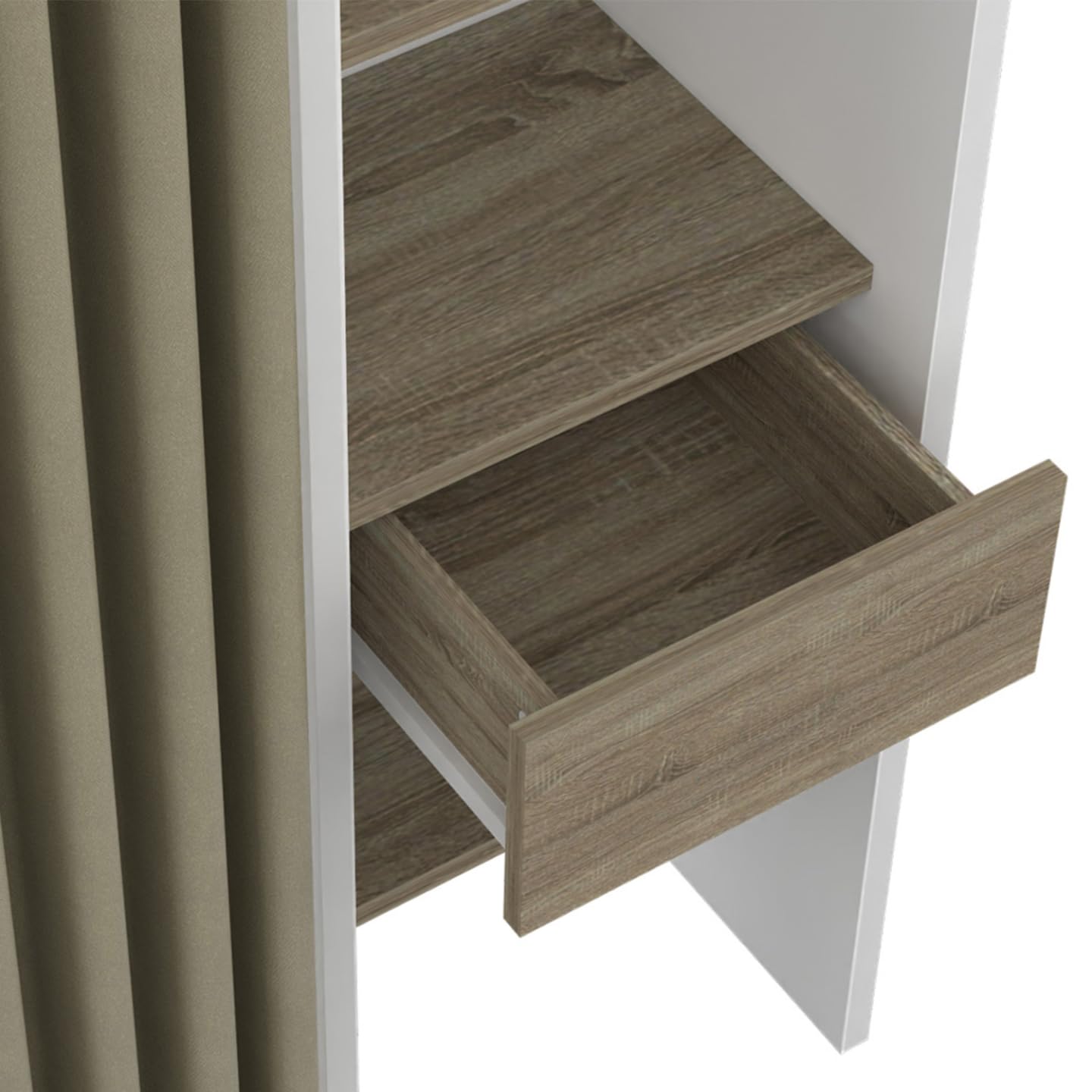 IDMarket - Dressing extensible double MERYL 120/180 x 50 x 180 cm blanc avec étagères hêtre + double penderie + rideau taupe
