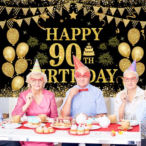 Image of 90th Birthday Decorations for Women Men - Happy 90th Birthday Banner Decorations Black Gold Welcome Background Sign for Cheers 90 Years Birthday Party Supplies Decor Indoor Outdoor (71 x 45 inch)