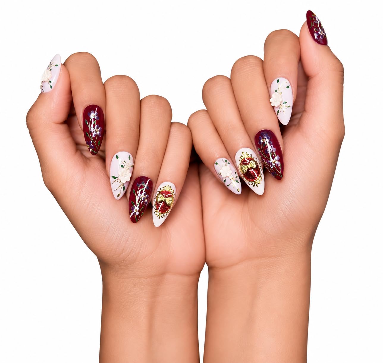 Handmade 3D Floral Almond Shape Press on Nails for Women (Medium) | Reusable, Nail Art Design, Artificial Nails, Red & White Tones, 3D Embellishments-image-24