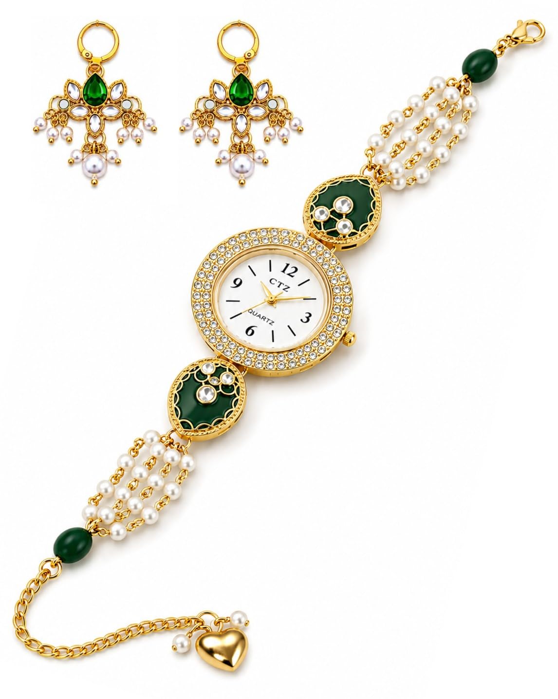 Kashmiri Bracelet Watch for Women | Green Kundan Ethnic Jewellery Watch with Pearl Chain | Stylish Adjustable Wrist Watch for Girls | Wedding & Festive Gift-image-26
