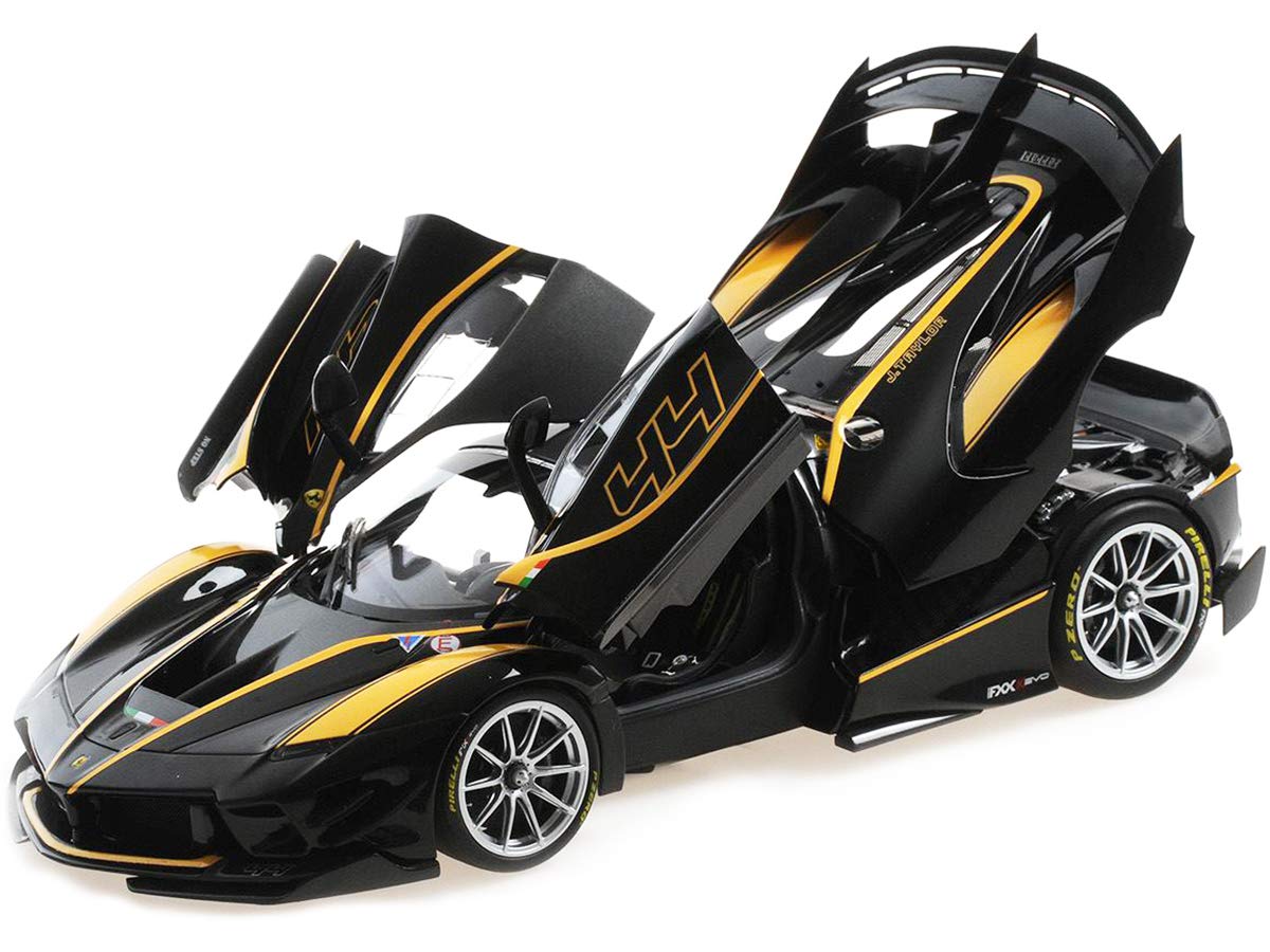 BBR Models Ferrari FXXK Evo Nero #44 John Taylor Black with Yellow Accents 1/18 Diecast Model Car by
