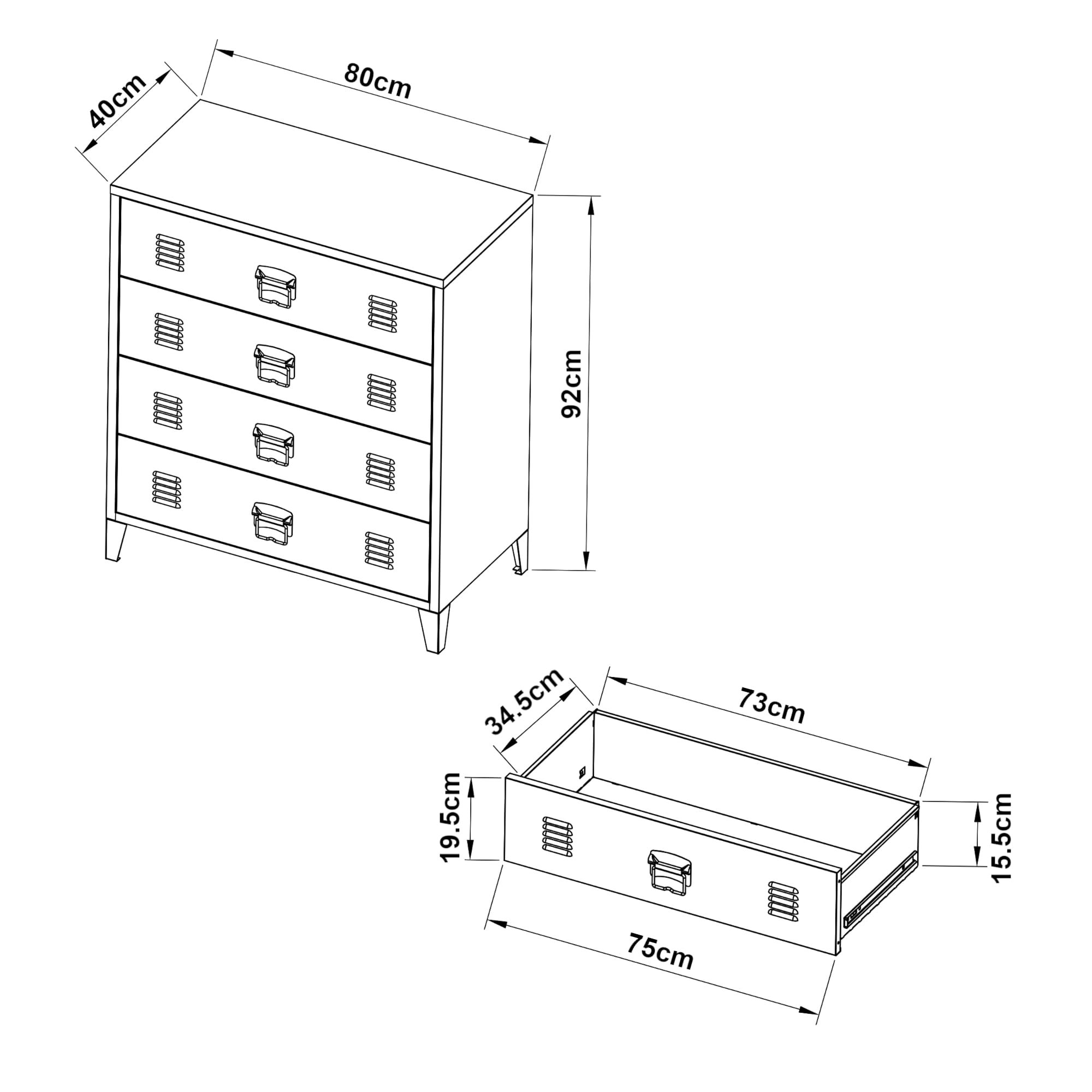 [en.casa] Commode Métallique avec 4 Tiroirs Casier de Bureau Caisson avec Compartiments Fermés Meuble de Rangement Industriel Acier 92 x 80 x 40 cm Noir