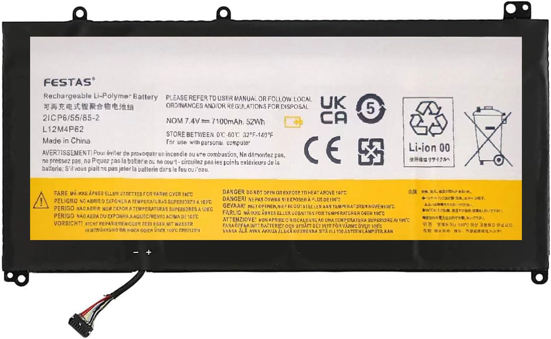 FESTAS 7,4 V, 7100 mAh, 52 Wh, langes Kabel L12L4P62 L12M4P62, Akku, kompatibel mit Lenovo Ideapad U430 U530 Touch Series L11L6P61 L11M3P62 2ICP6/55/85-2 3ICP8/60/60 Computer / Laptop