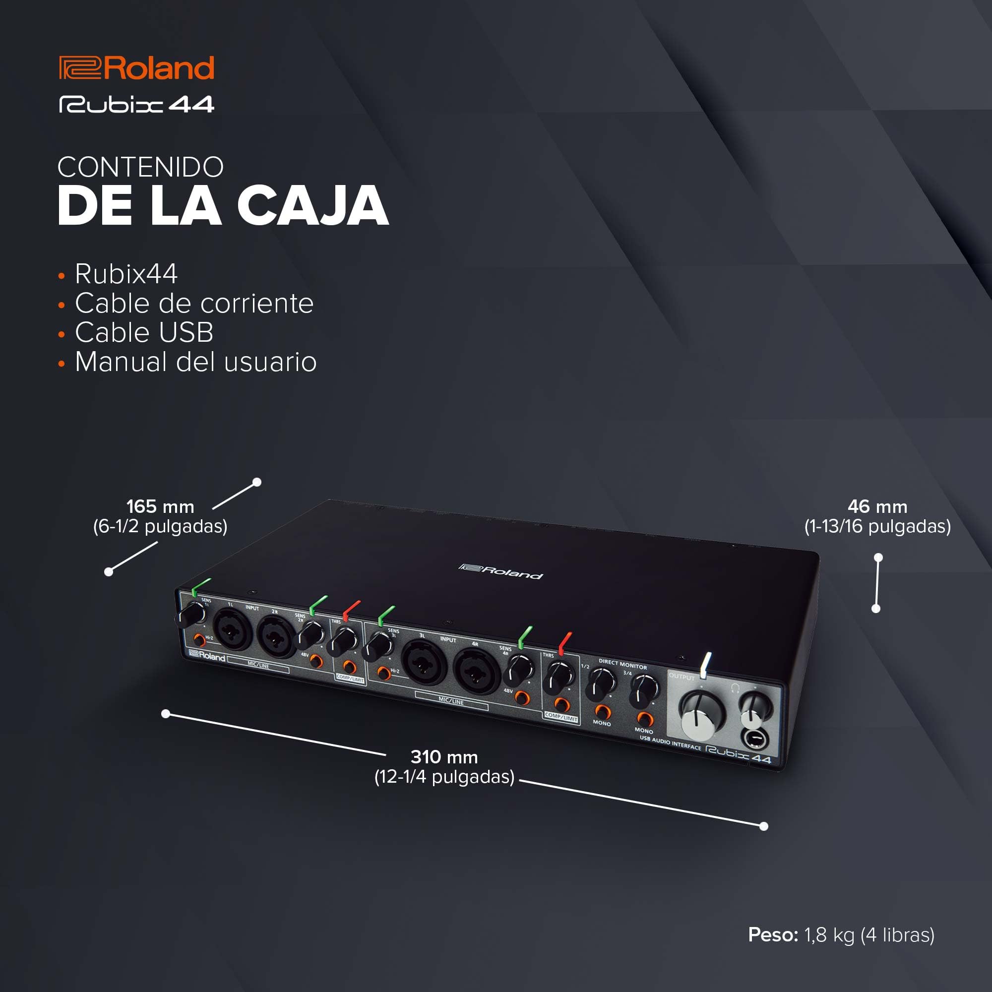 Roland Rubix44 Interfaz de audio USB de 4 entradas y 4 salidas | Audio en alta resolución | Graba con micros, guitarras, teclas y más | Compacta y resistente | Compatible con Mac, PC y iPad