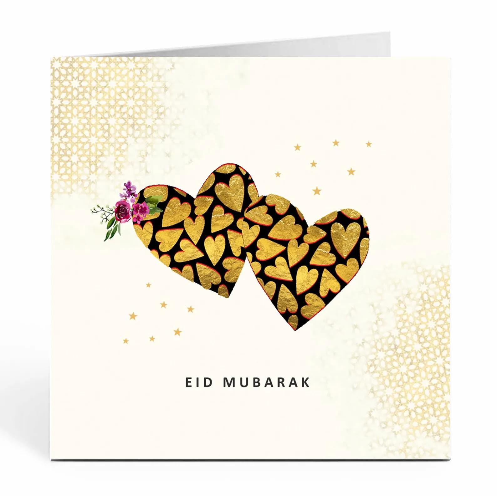 Islamic Moments: Eid Mubarak Card in Cream with 2 Golden Hearts
