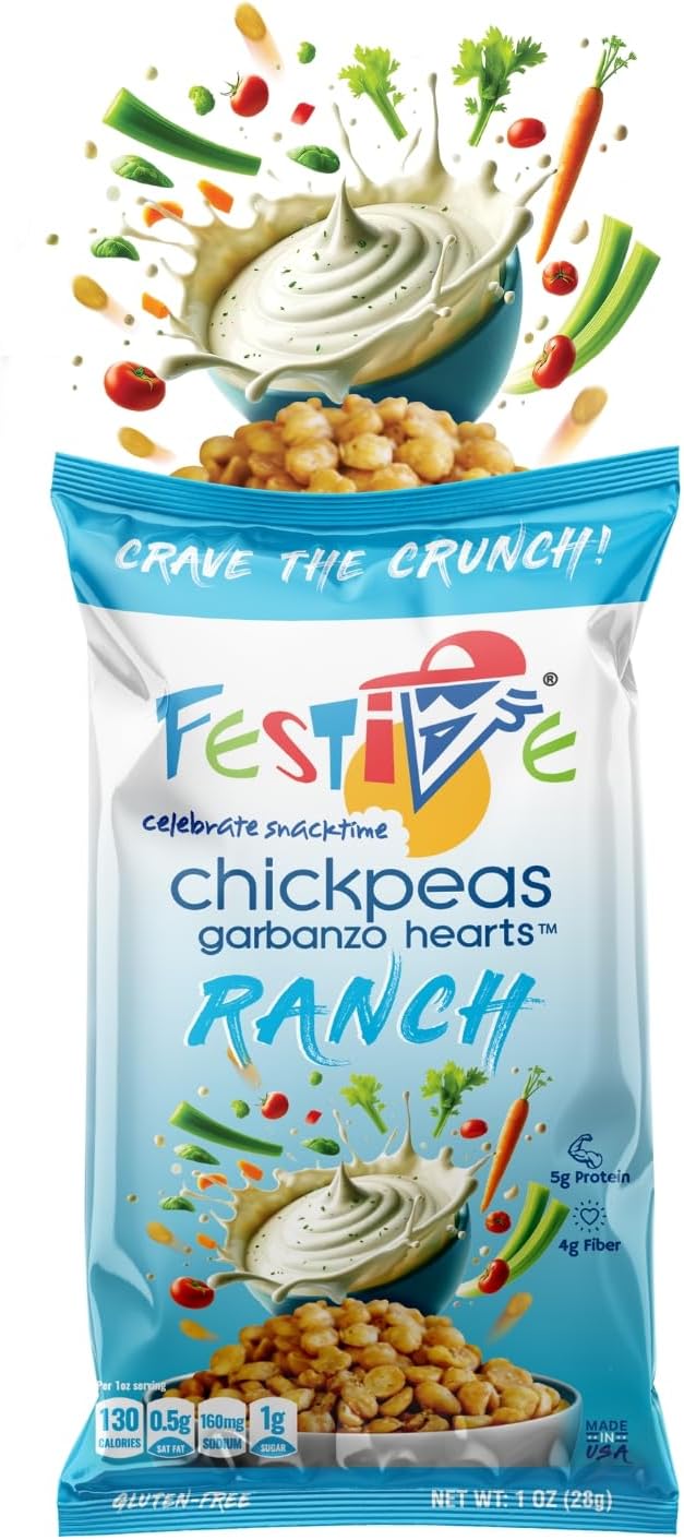 Feel Festive 24 Bags 1-oz Ranch Crunchy Roasted Chickpeas Protein Snack Pack - Healthy Garbanzo Beans - Non-GMO Vegan Gluten-Free Soy-Free Balanced Macro Nut Free - Individual Convenient Portions