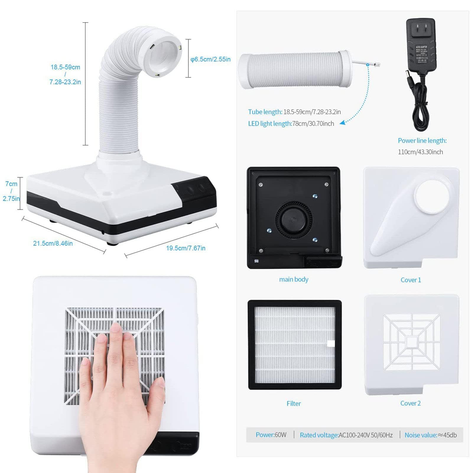 SenhE Aspirateur Dentaire de Table, Collecteur de Poussière Dentaire 60 W, avec Équipement D'outils Dentaires LED, Aspirateur de Meulage Oral, Collecteur de Poussière de Bureau