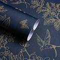 Froluya Dark Blue and Gold Vintage Floral Peel and Stick Wallpaper 17.7"x118.1" Dark Blue Floral Wallpaper Peel and Stick Removable Self Adhesive Wall Paper for Bathroom Bedroom Decorative Vinyl