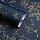 Froluya Dark Blue and Gold Vintage Floral Peel and Stick Wallpaper 17.7'x118.1' Dark Blue Floral Wallpaper Peel and Stick Removable Self Adhesive Wall Paper for Bathroom Bedroom Decorative Vinyl