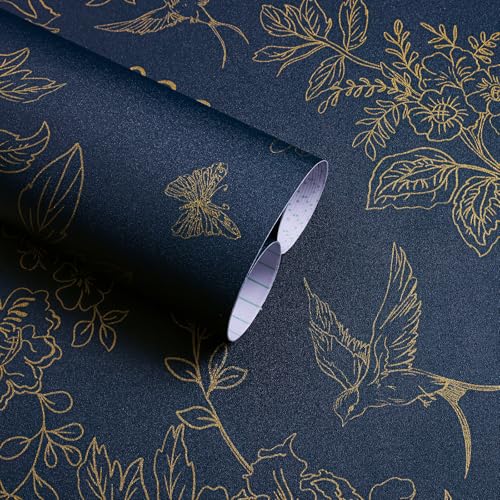 Froluya Dark Blue and Gold Vintage Floral Peel and Stick Wallpaper 17.7'x118.1' Dark Blue Floral...
