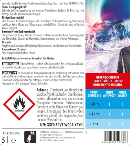 SONAX AntiFrost+KlarSicht Gebrauchsfertig bis -20°C (5 Liter) 1 Stück Scheibenwaschanlagen-Frostschutz sorgt für klare Sicht, Art-Nr. 03325000