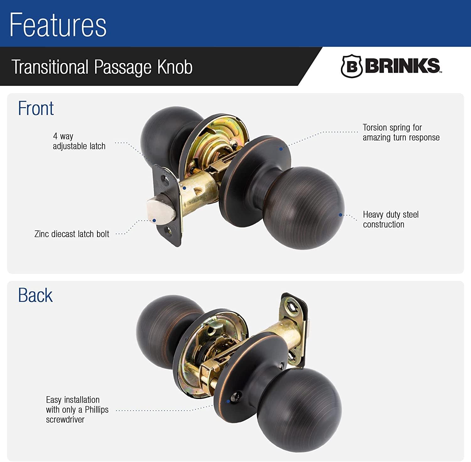 BRINKS Door Knobs Interior, Non-Locking Transitional Ball Door Knobs, Tuscan Bronze for Traditional and Transitional Décor, 6 Pack