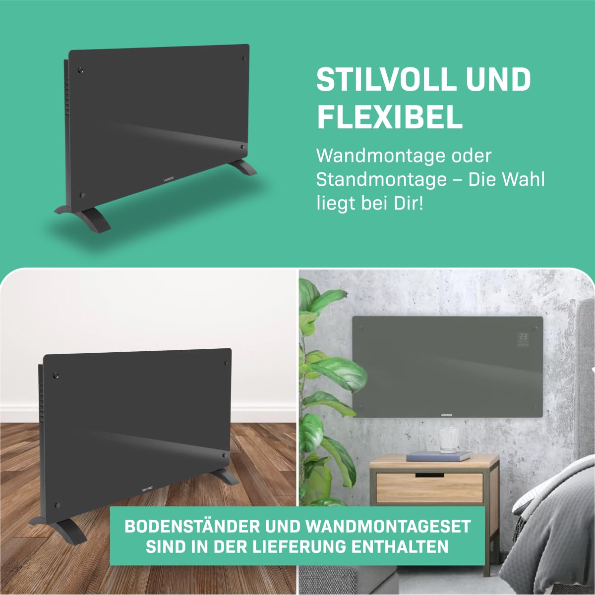 Vonroc Elektroheizung energiesparend 2500W - Konvektor Heizung [30qm Räume] | Mobile Elektrische Heizung [App/Touch Steuerung] - Heizkörper 2in1 Wand-/Bodenmontage - Grau