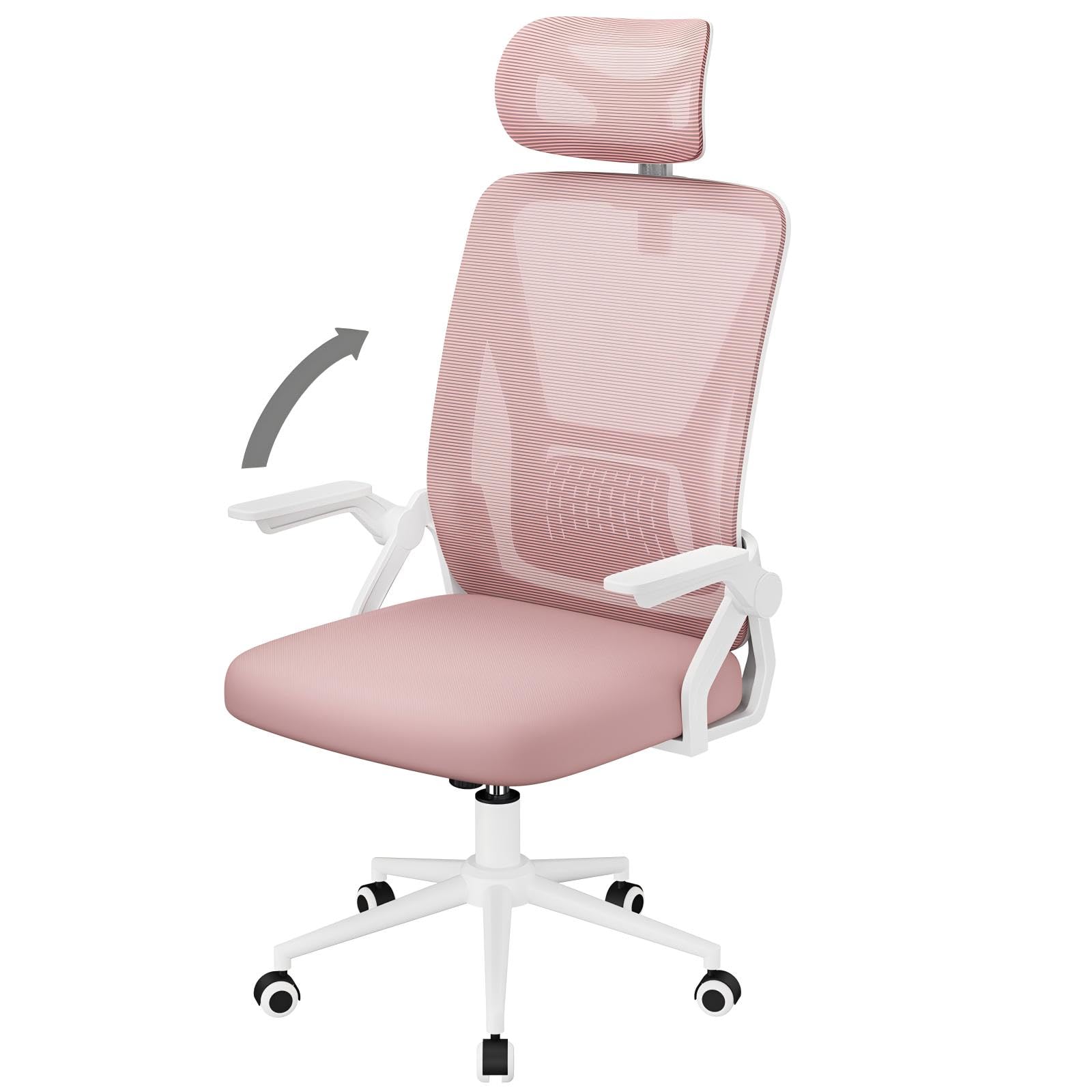 naspaluro Bürostuhl mit Lenden- und Kopfstütze, Drehstuhl mit 90° Klappbaren Armlehnen (Mit Kopfstütze, Rosa)