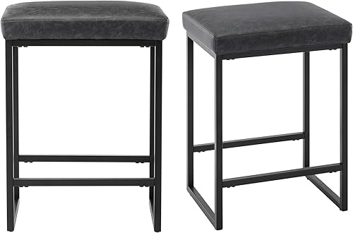 Juego de 2 taburetes de bar de piel sintética de 24 pulgadas, silla de bar tapizada sin espalda, silla de metal alto, silla de mostrador alta para