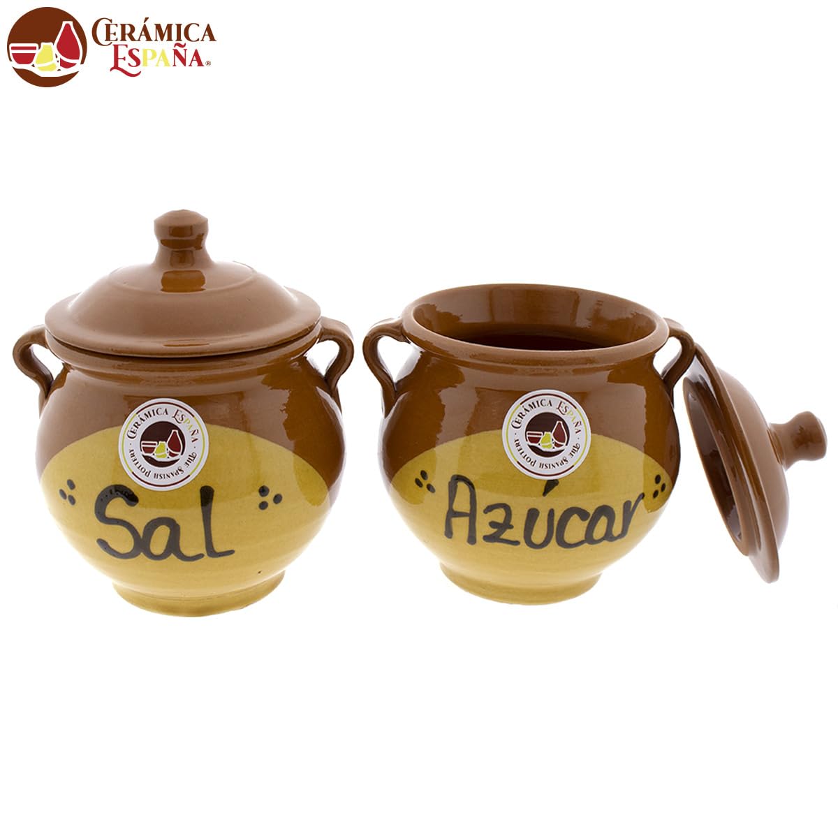 CERÁMICA ESPAÑA | Saliera e Zuccheriera rustica in ceramica | Barattoli da cucina | Vasetti originali | Set x2 Saliera e Zuccheriera cucina - Modello M02 | 100% fatto a mano | 14x12x15 cm