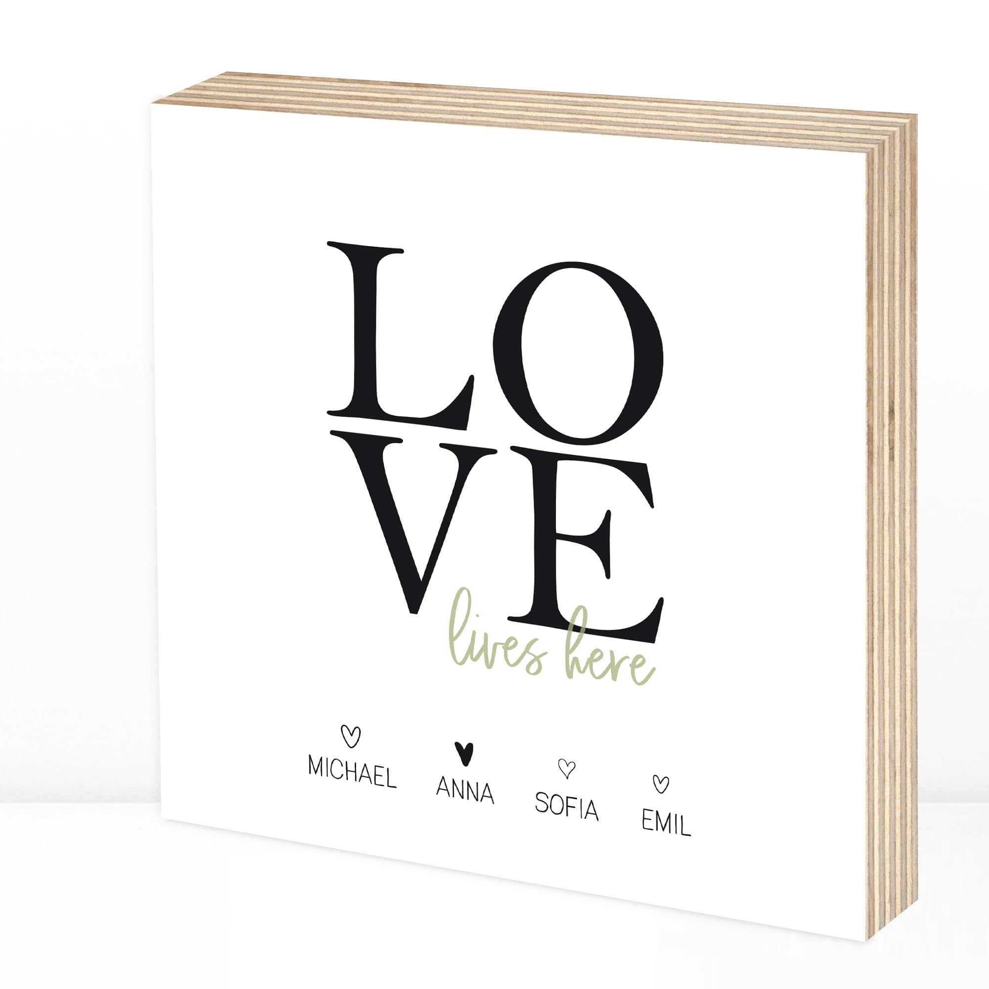 Wunderpixel® Holzbild LOVE - personalisiert mit Namen - 15x15x2cm zum Hinstellen/Aufhängen, echter Fotodruck auf Holz - Wand-Bild Aufsteller Dekoration Geschenk-Idee Paar Familie