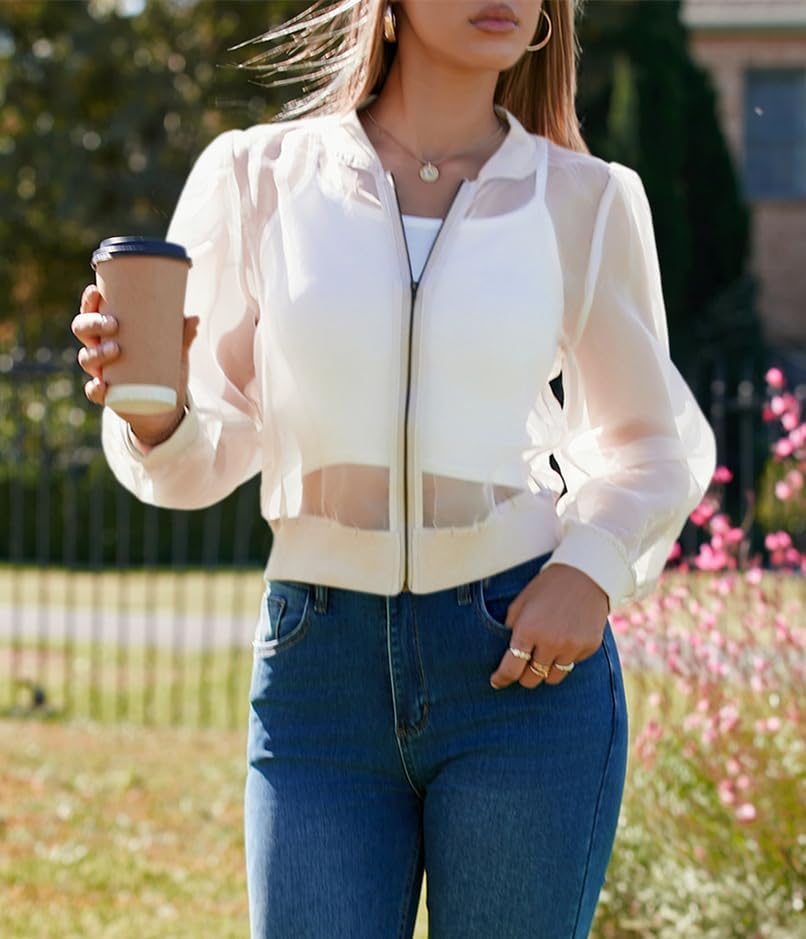 Fisoew Women's Crop Mesh Sheer Bomber Jackets Lightweight Long Sleeve Zip Up Jacket Outwear - Image 3