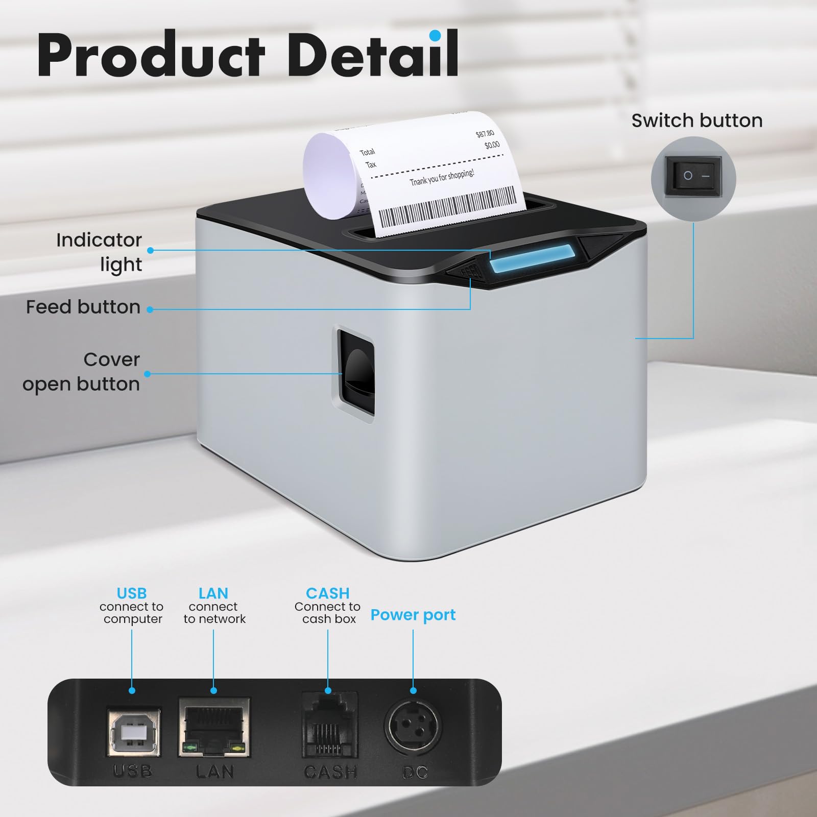 NUCOUN Impresora térmica de recibos, impresora POS USB de 80 mm, cortador automático, soporte para cajón de efectivo, compatible con Windows/Mac/Linux, impresora para hogar, oficina, restaurante