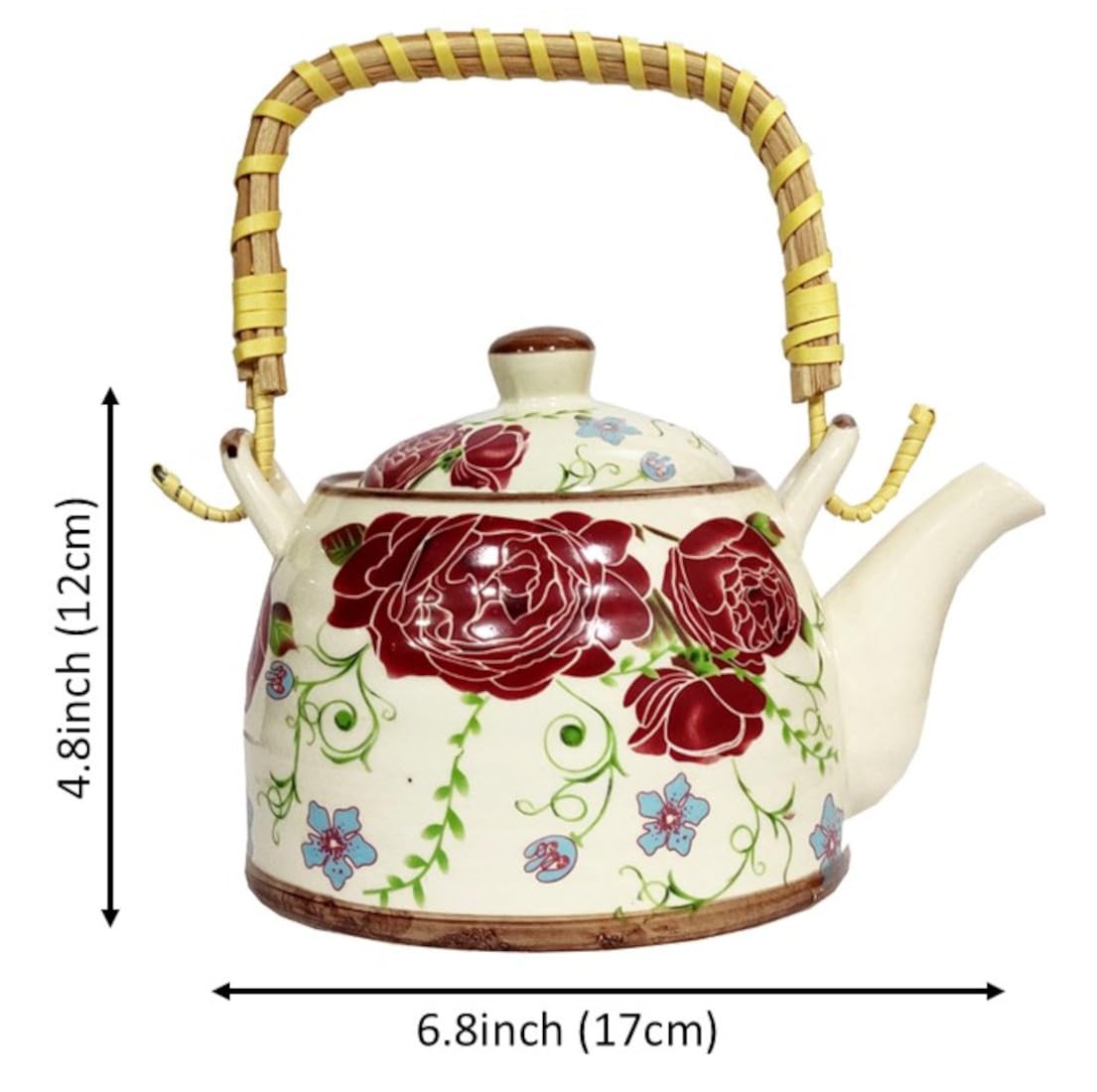 Purpledip Ceramic Kettle 'Rose Bouquet': 500 ml Tea Coffee Pot, Steel Strainer Included, Multicolor (11220) 3