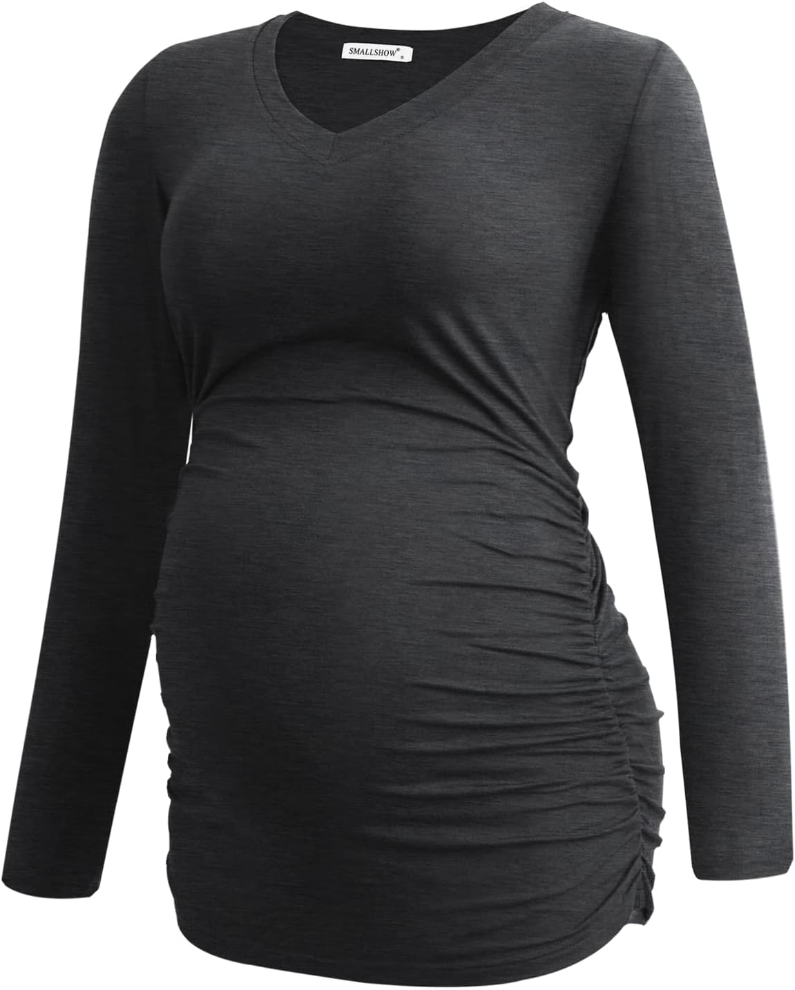 Smallshow Women's V-Neck Maternity Shirt Clothes Long Sleeve Ruched Pregnancy Top