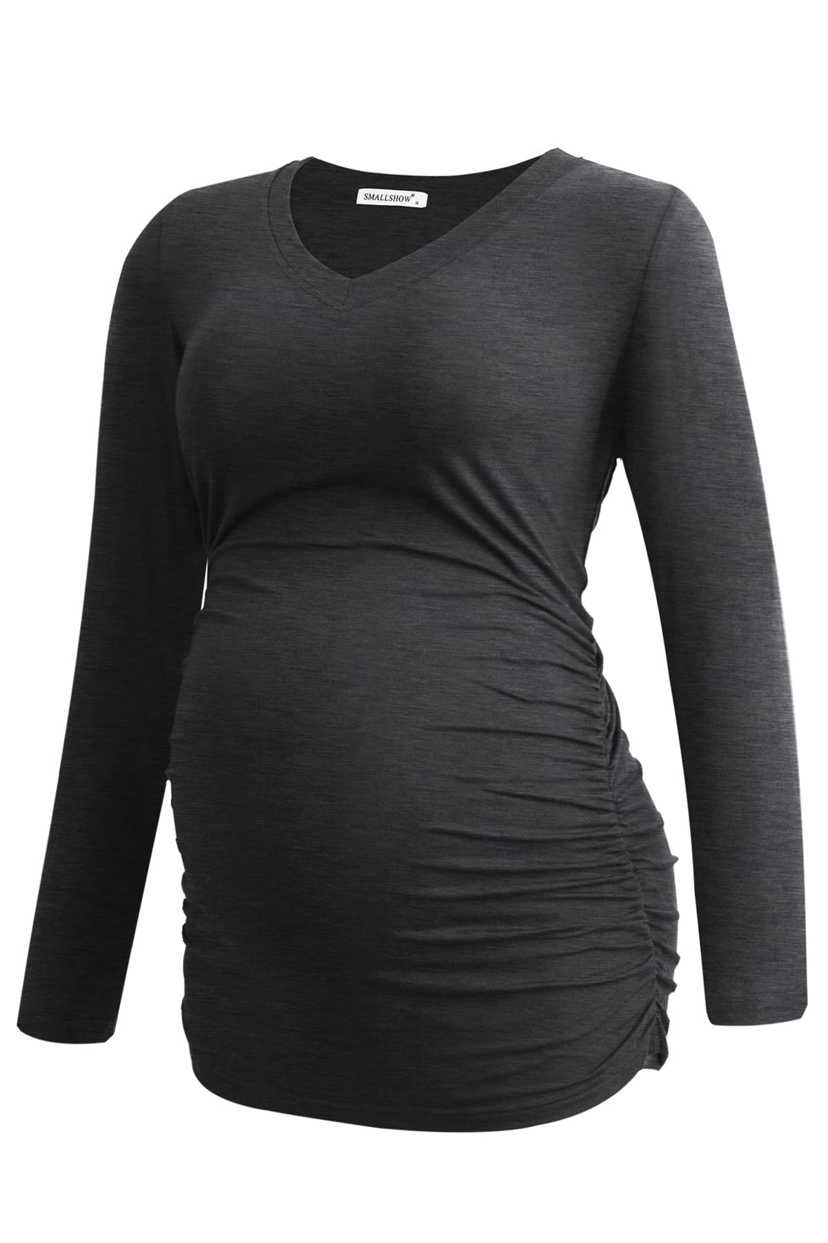 Smallshow Camiseta de maternidad con cuello en V para mujer, manga larga, fruncida, para embarazo