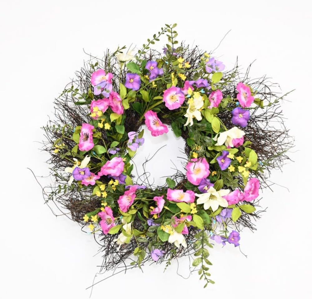 18 Inch Spring Summer Wreath, Colorful Wildflower and Greenery Wreath for Front Door, Handmade Floral Wreath for Wall Decor Indoor Outdoor Farmhouse Entryway