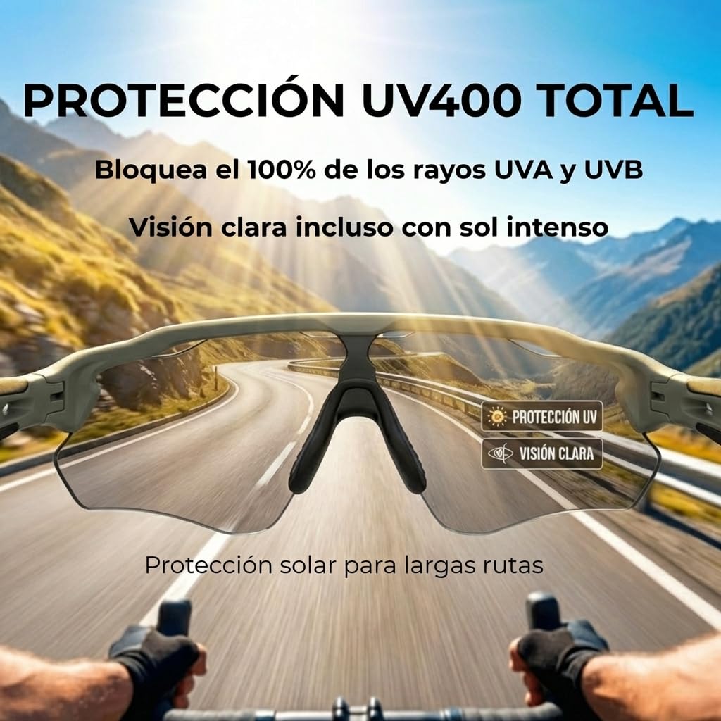 Gafas Ciclismo Fotocromaticas UV400 – Gafas Deportivas para Ciclismo Carretera, MTB y Gravel, Lente Adaptativa Antideslumbrante, Ultraligeras con Ajuste Cómodo, Gafas Ciclismo Hombre Mujer. Cat 2 - 4