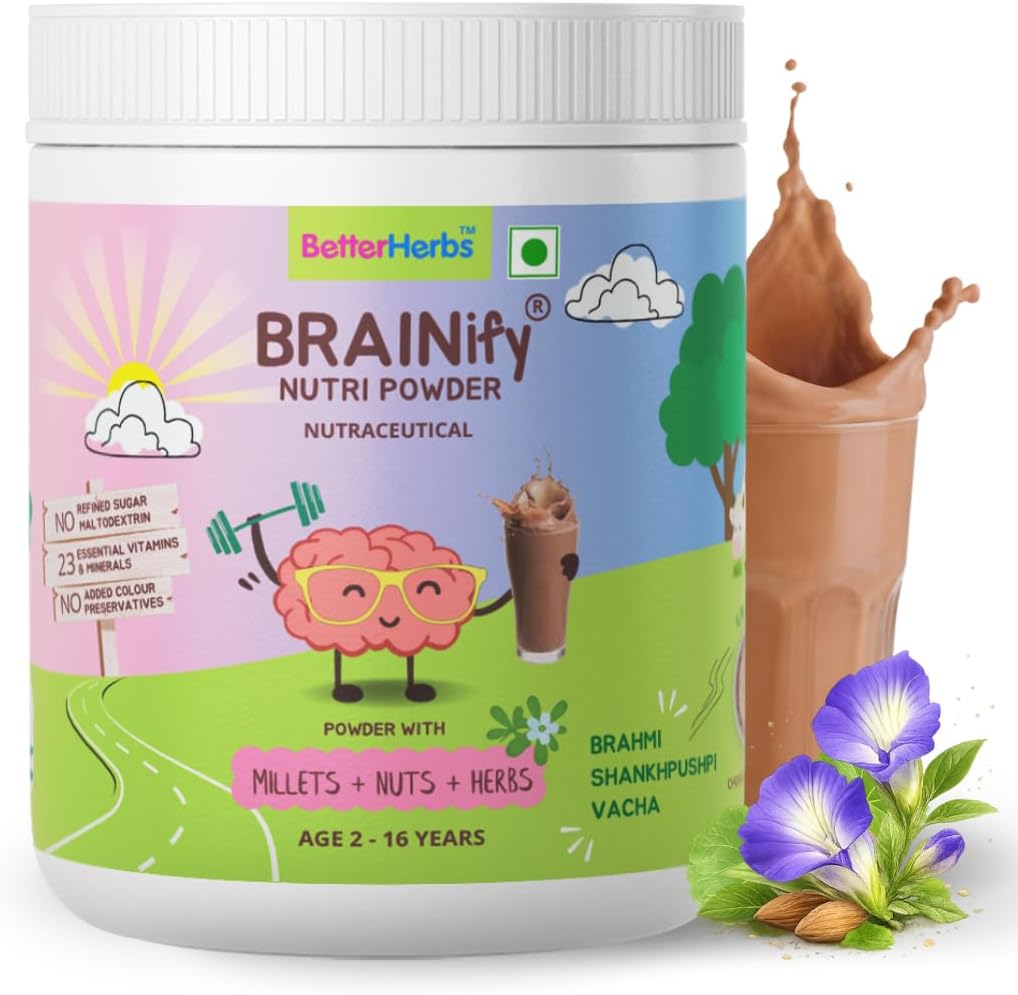 BRAINIFY by BetterHerbs Nutrition Drink Powder Chocolate - 350g | 2-16 Years | No Refined Sugar | 7 Herbs + Millets + Nuts | 23 Essential Nutrients | Supports Brain Development