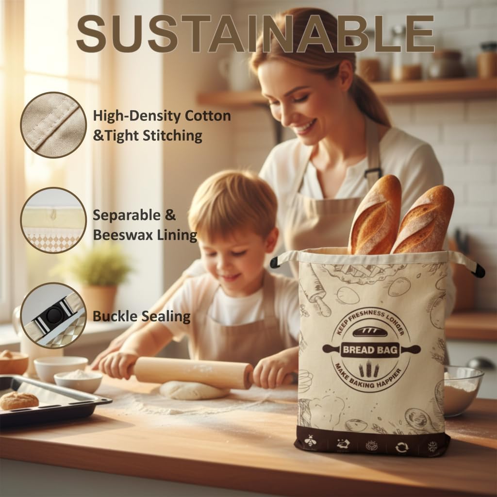 2 Pack Reusable Beeswax Bread Bags, 16x12 Inch Cotton Storage Bags with Removable Liner for Sourdough & Homemade Bread, Fresh-Keeping for Fridge and Daily Use