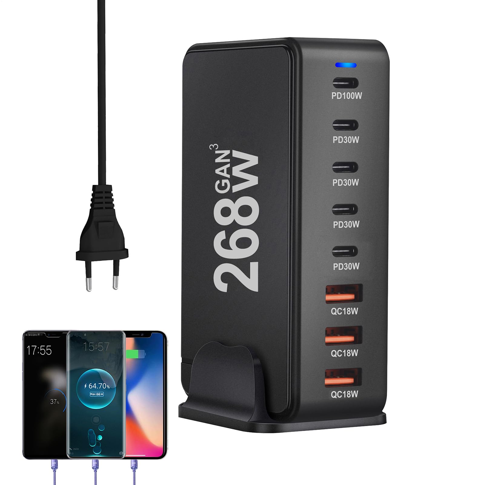 Blocco Di Caricatore Type C Stazione di Carica con 8 Porte USB Multiple | di Ricarica Rapida 268W Per Casa e Viaggio, Telefoni, Tablet, Laptop e Dispositivi Elettronici
