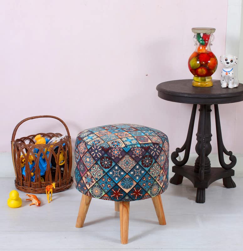 Premium Velvet Round Ottoman Stool Cover – Stretch Ottoman Slipcover for Vanity & Footstool – Washable, East to Remove & Fits in 16-Inch Diameter, 8 Inch Box Height, Rangoli Aqua-image-5