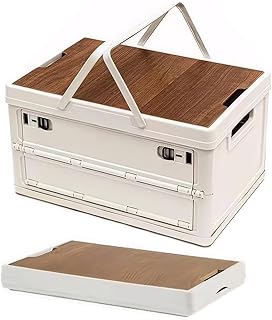 Foldable Storage Box with Wood-Pattern Lid — Fashionable and lightweight PP base, ideal for camping, daily items, snacks, clothing storage, A space-saving organizer with handles. (White, Large)