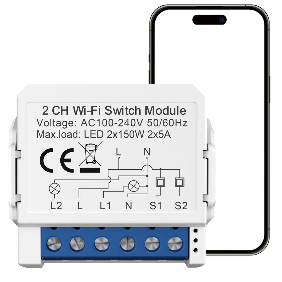Interruptor inteligente con wifi, interruptor de relé inteligente, mini interruptor de luz inteligente de 2 vías, 2 x 5 A, cable neutro, para la automatización del hogar, a través de Alexa