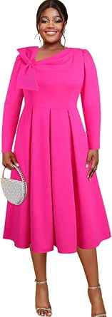 AOMEI Women's Stand Collar Pleated Cape Sleeve Dress - Knee Length, Loose Fit, Plus Size Available, Polyester