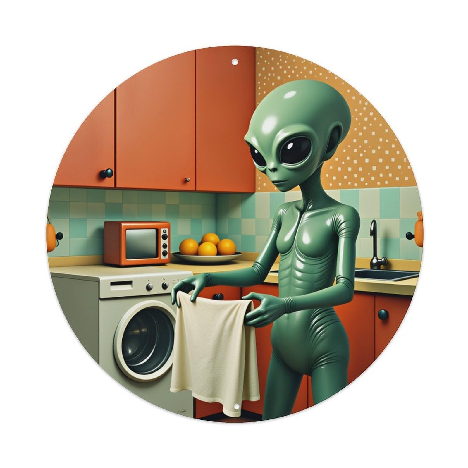 Alien Kitchen Scene Pattern Print Round Tin Sign Vintage Metal Poster Retro Bar, Home, Man Cave, Kitchen, Laundry Room Wall Art Decor Gift 8x8Inch