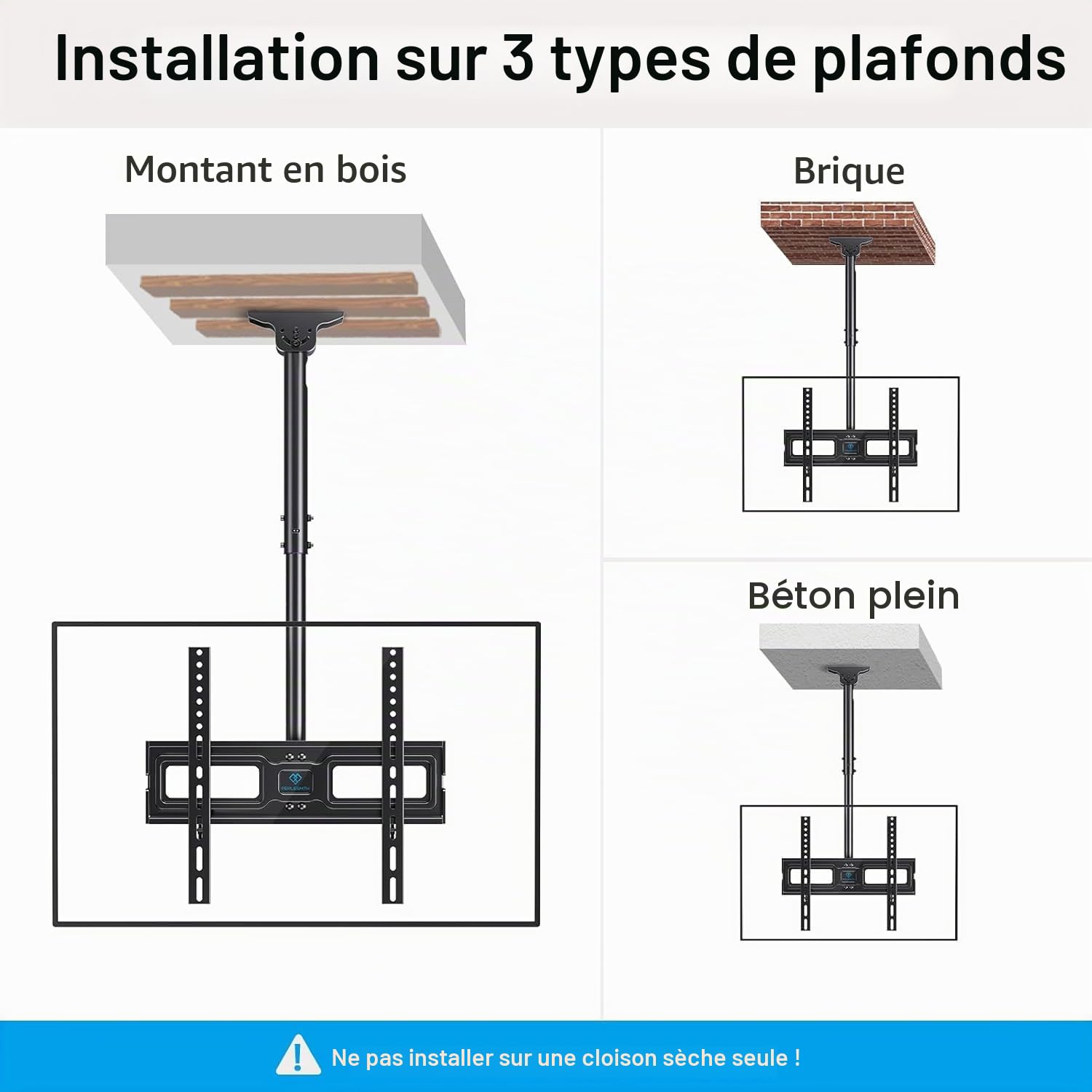 Support TV Plafond - Support de Téléviseur Inclinable et Pivotant Ajustable pour l’Écran de 26 à 65 Pouces - Support de Toiture Full-Motion Supporte 50 kg avec VESA 400 x 400mm