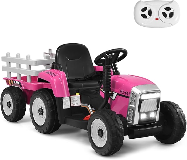 GYMAX Kids Electric Tractor with Detachable Trailer, LED Lights, Music, Horn, USB & Bluetooth, 12V Battery Powered Ride on Car for 3 Years Old + Boys Girls (Pink with Remote Control)