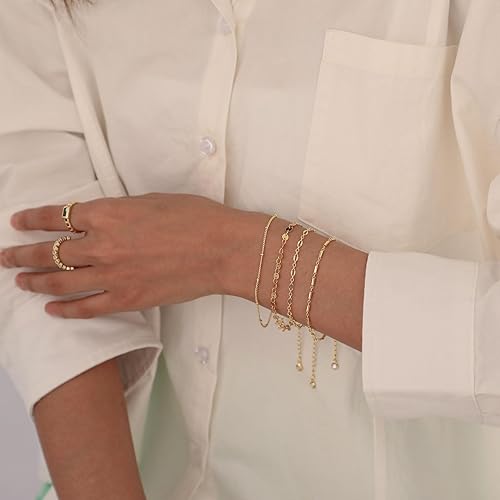 Miniatura 3 de ASCOMY Pulsera para mujer, pulseras de oro para niñas, delicadas pulseras de espiga con clip de papel, juego de pulseras de cadena de cuerda en capas