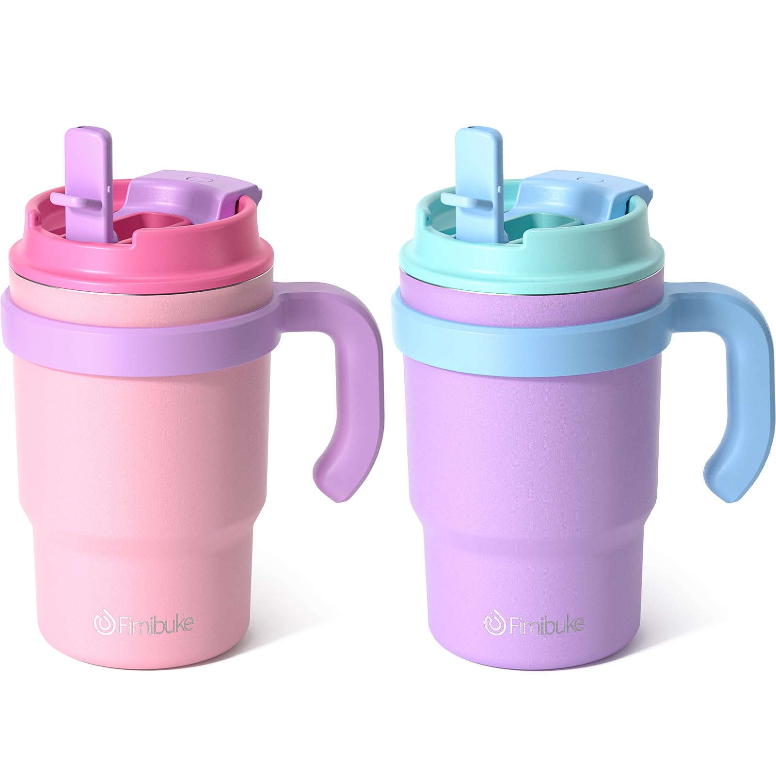 Fimibuke 16oz Kids Insulated Tumbler with Handle & Straws - 2 Pack BPA FREE 18/8 Stainless Steel Toddler Cups with Sip/Swig 2-in-1 Lids, Leak Proof Kid Drinking Cup Travel Mugs for Children Boys Girls