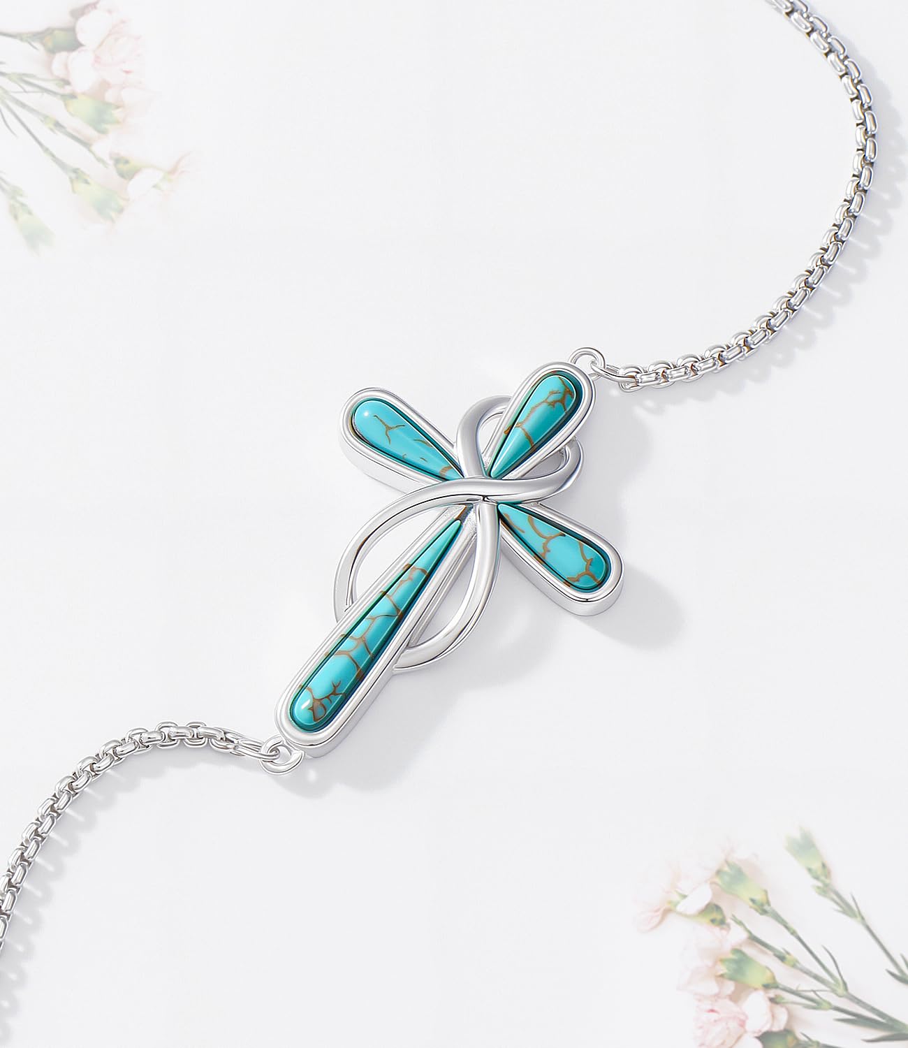 Braccialetto da donna in vero argento Sterling 925 con ciondolo a forma di croce turchese, regolabile, verde con gemma naturale, per moglie e mamma