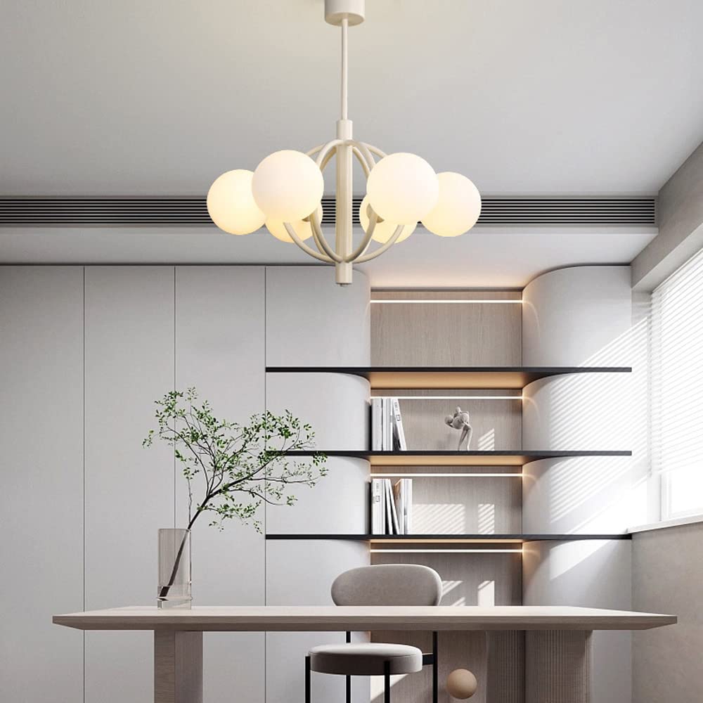 Jasnobeżowa żelazna lampa sufitowa z 6 lampami, nowoczesna i opływowa lampa wisząca do salonu lub sypialni, ze szklanym kloszem, 3 przedłużkami w zestawie (10 + 20 + 20 cm), trzonek G9