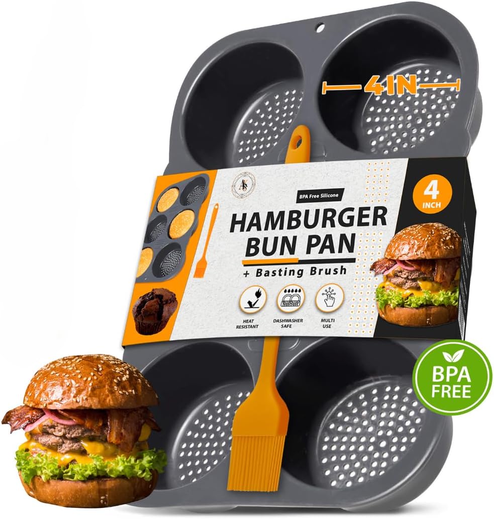 AKS Co Hamburger Bun Pan - Non-Stick Silicone Bakery Mold for Baking 4 Inch Buns - 6 Cavity - Perforated for Maximum Air Circulation - Dishwasher Safe - Includes Basting Brush