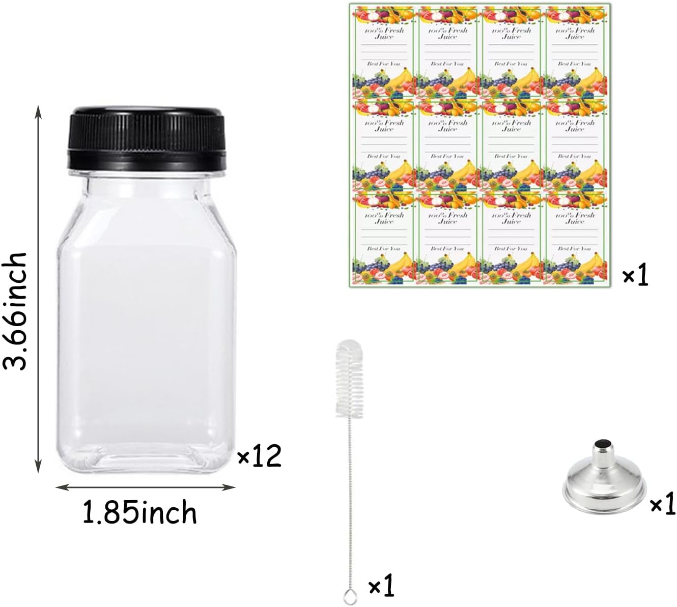 Delphinus 12-Pack 4oz Reusable Transparent Plastic Juice Bottles with Lids, Labels, Funnels - Suitable for Juices, Sports, Travel & Outdoor Activities - Image 2