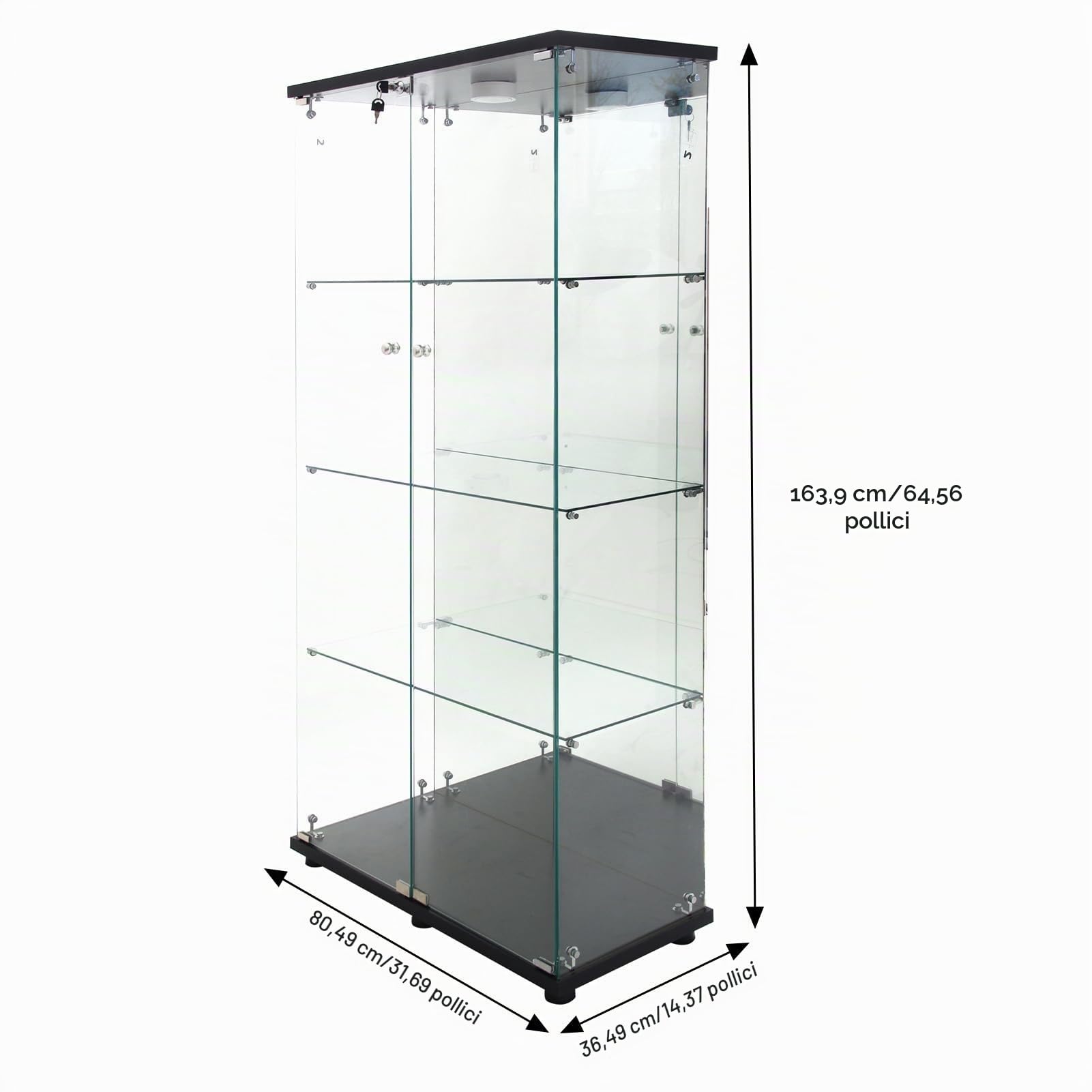 Vetrina in vetro con 4 ripiani, Vetrina LED con 2 porte e serrature, effetto specchio, Armadio in vetro da collezione, Camera da letto e Soggiorno Armadio 80x36x164cm, nero