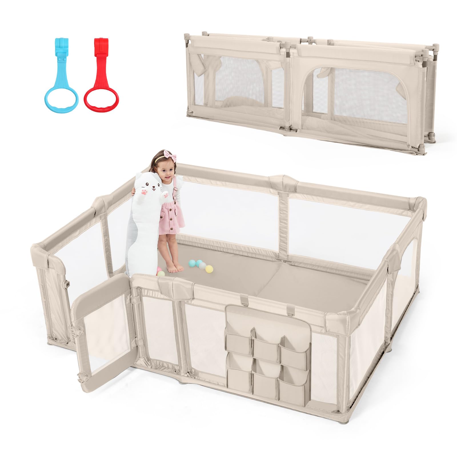 Corralito plegable de 79 x 59 pulgadas para bebés y niños pequeños con puerta, corralitos grandes con puerta con cremallera, área