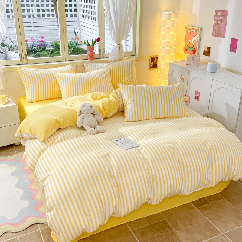 Amazon｜KIMKO 水洗い 掛け布団カバー イエロー ストライプ 簡単な