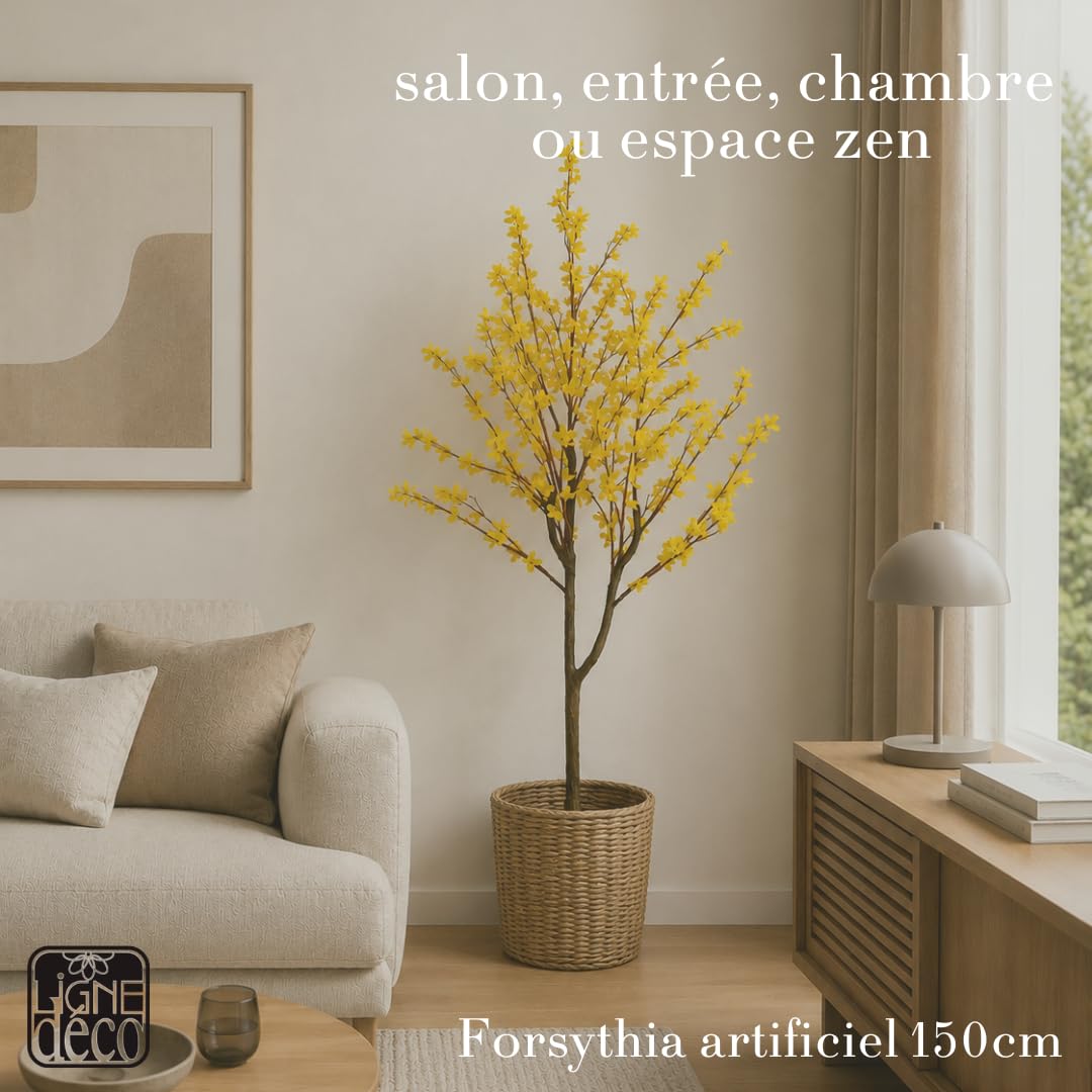 Ligne Déco – Forsythia Artificiel 150cm | Plante Artificielle Pot Plastique Noir Intérieur Imitation Terre